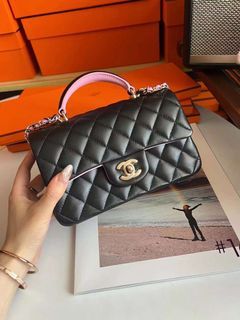 全新 Chanel classic top handle flap bag 黑粉手柄金扣羊皮 大mini 20cm 